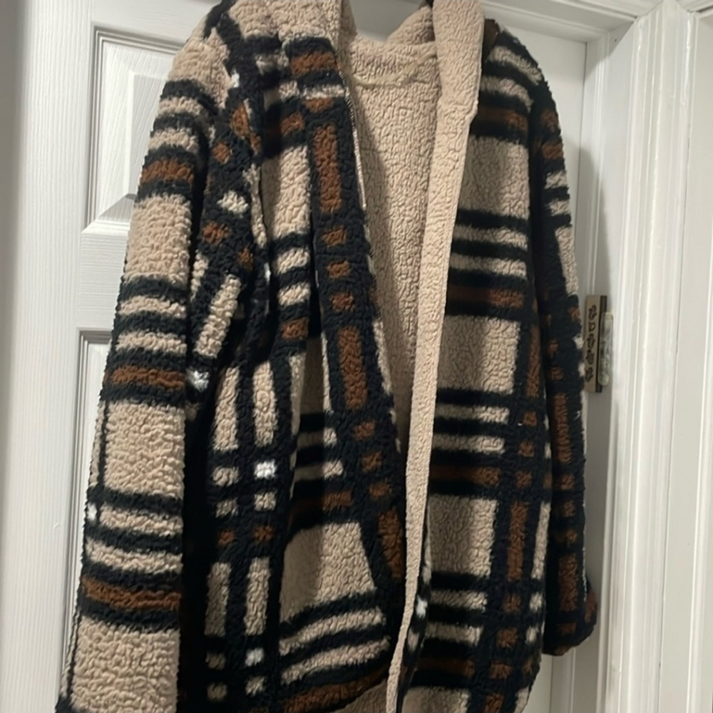 Plaid Sherpa Jacket - Black, Brown, Cream - NWOT